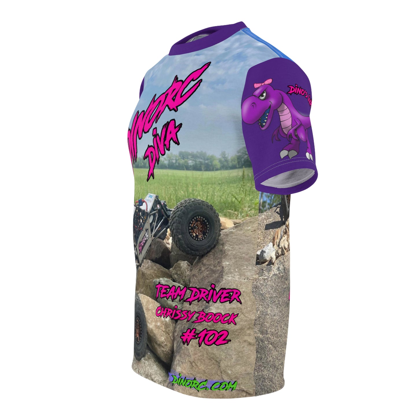 Chrissy Boock Dino Diva's Team Driver T Shirt purple Sleeves