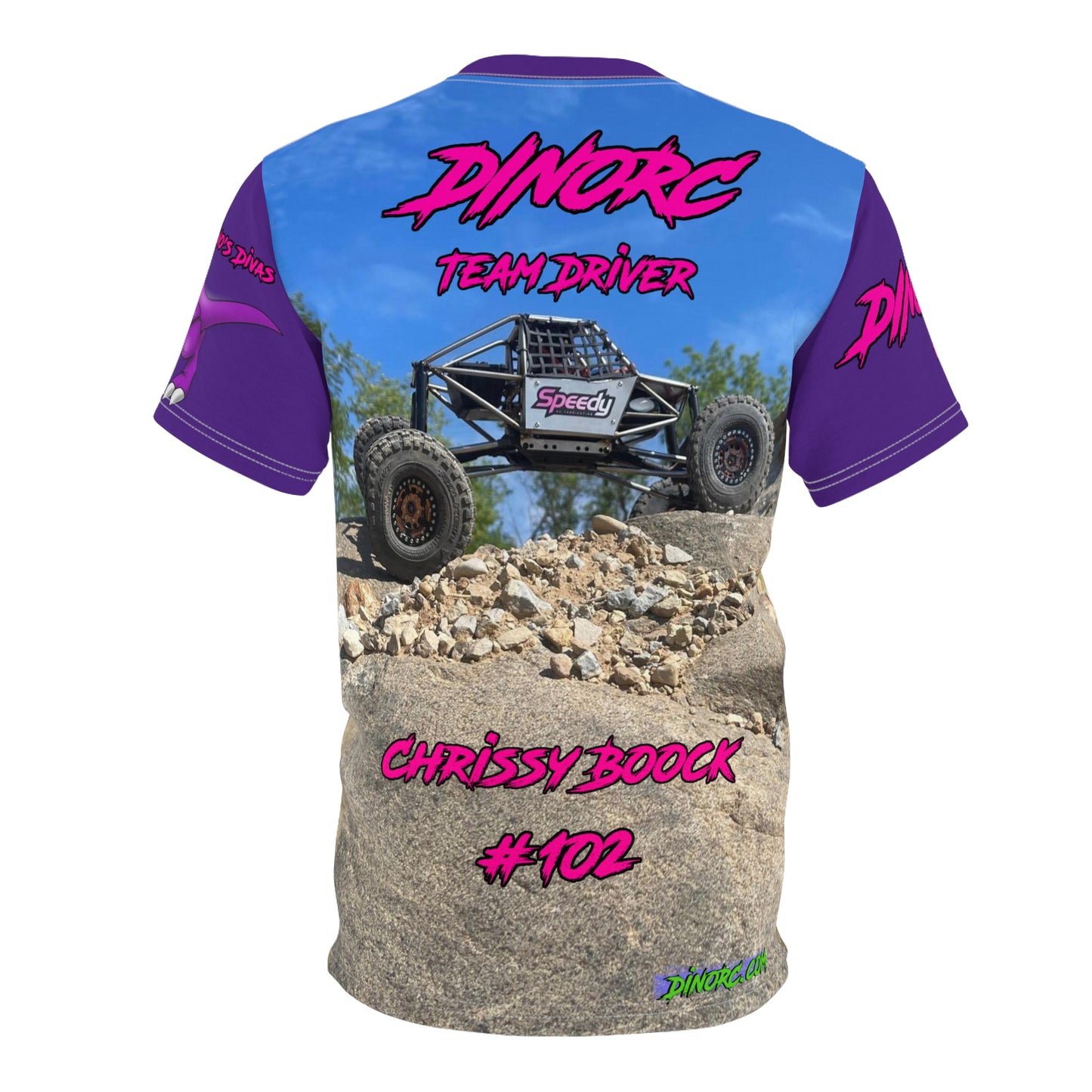 Chrissy Boock Dino Diva's Team Driver T Shirt purple Sleeves