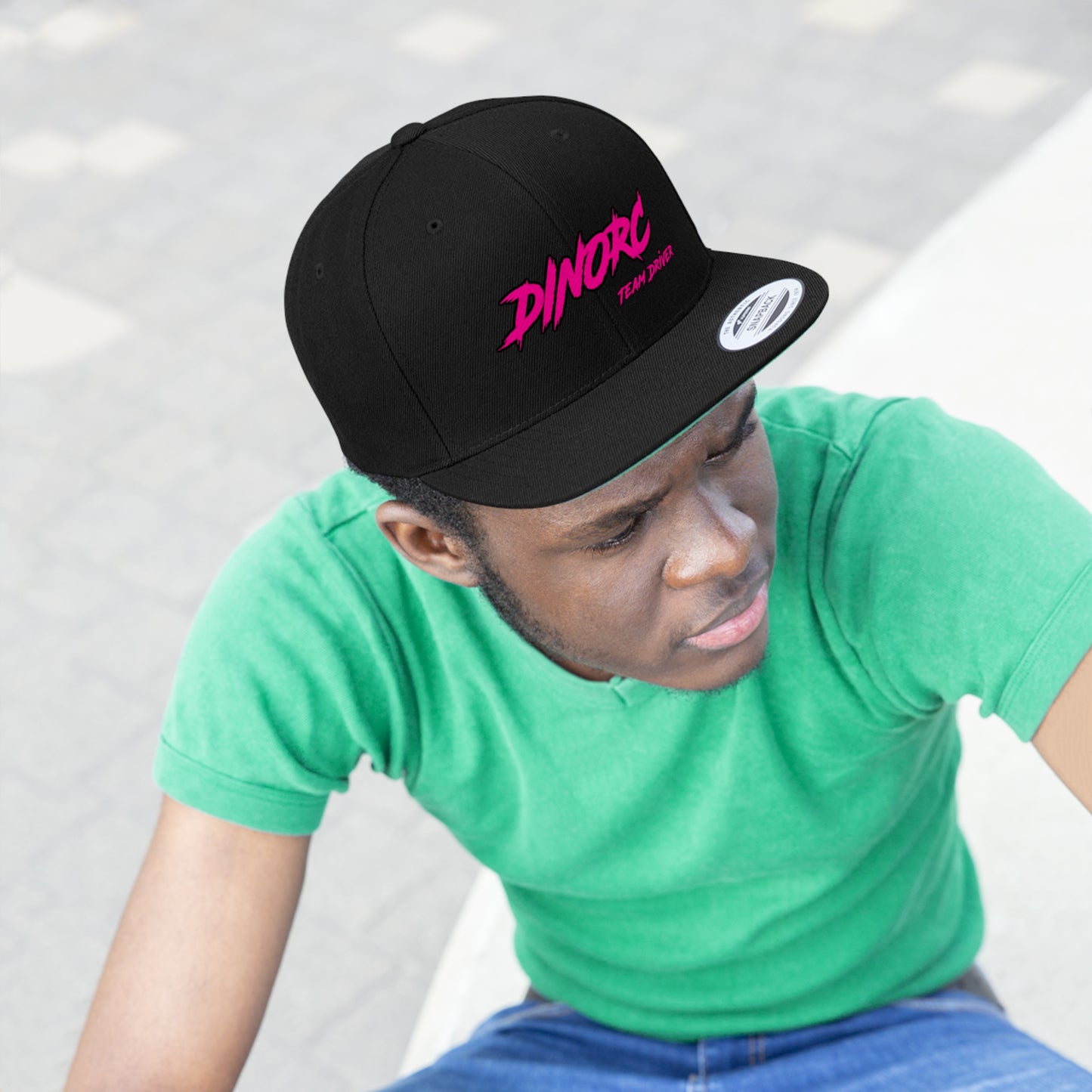 5 different colors and designs of DinoRC Logoed Flat Bill Hat