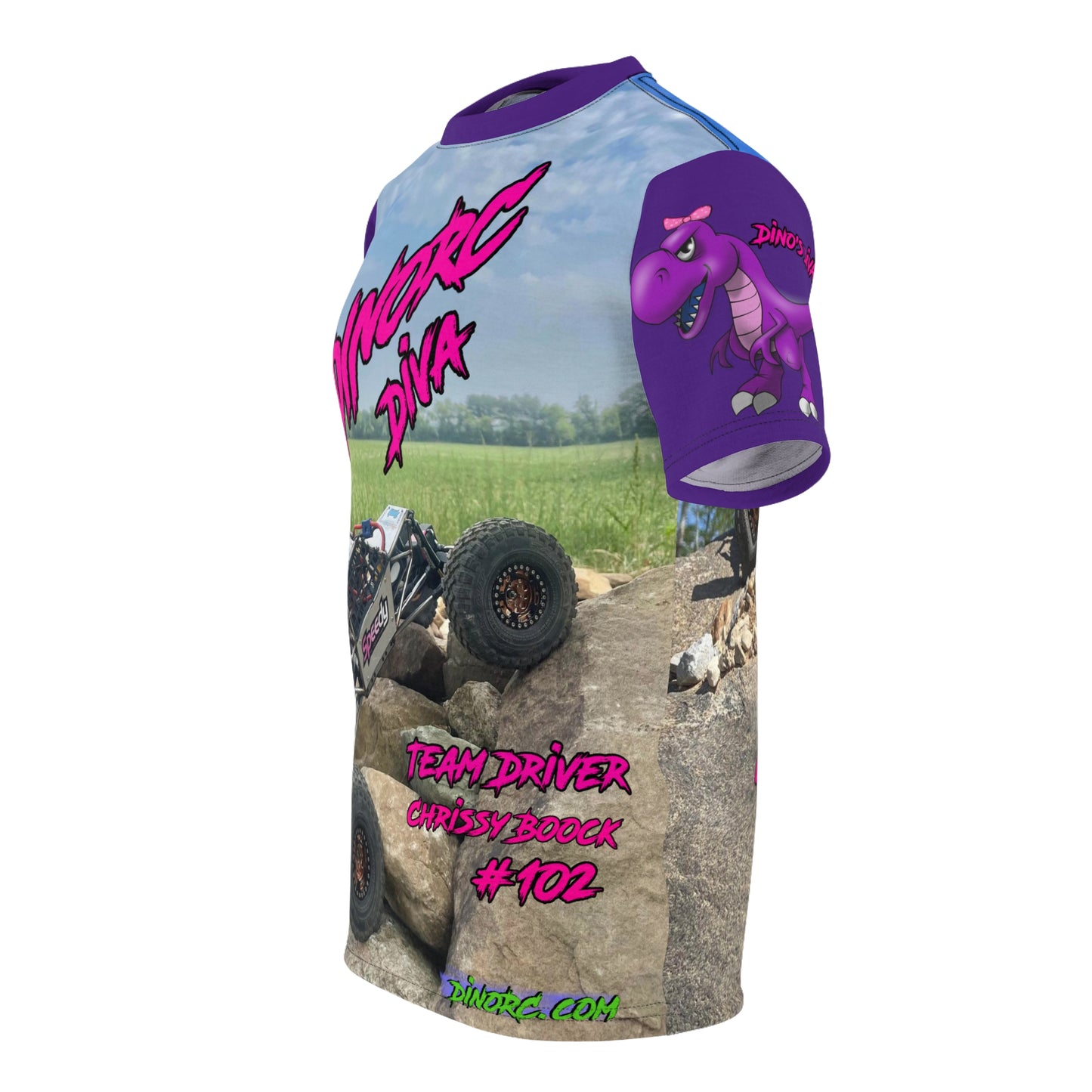 Chrissy Boock Dino Diva's Team Driver T Shirt purple Sleeves